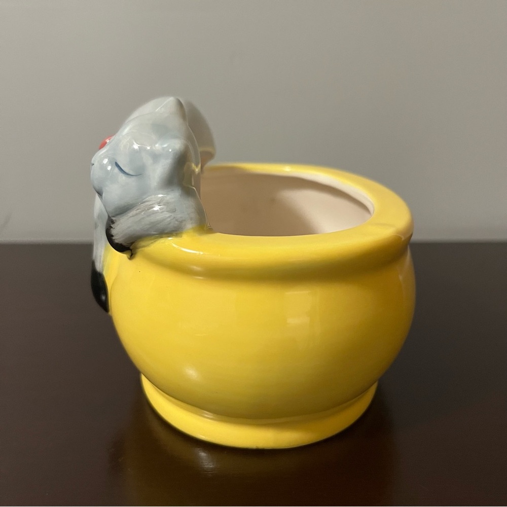 Vintage Sleepy Grey Cat Red Bow Ceramic Yellow Dish Trinket Bowl Planter - Picture 4 of 8